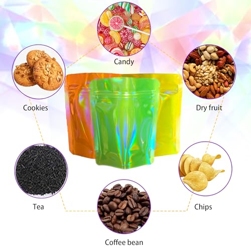YINGZON 100 Pack Premium Smell Proof Mylar Bags, 10 Colors Mixed Resealable Food Storage Bags with Double-sided Holographic printing, 4" x 6" Aluminum Foil Stand-up Packaging Bags. (Mix)
