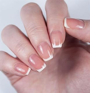 French False Nails Short - 24Pcs White French Fake Nails - Press on Nails -Square Press on Nails Pattern, Glitter French Nail Tips with Nail Glue, Squoval Stick on Nails for Women Girls Nails Art