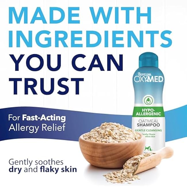 TropiClean OxyMed Hypoallergenic Dog Shampoo for Allergies and Itching, Skin Soothing Shampoo for Pets with Sensitive Skin, Tearless, Cat Safe, 20oz.-PIfWA5GA