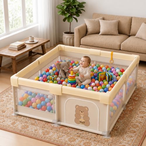 Image of Safe-O-Kid 150x180 cm Large Baby Playpen with 50 Balls, 1 Year Warranty, Safety Lock, Playard for Kids up to 5 Years, 2 Anti-Fall Grasp Rings