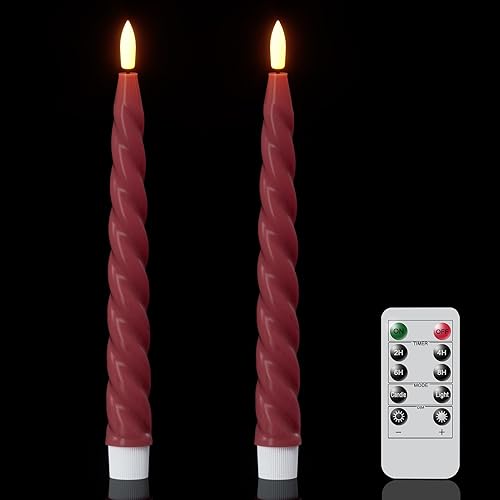 Wondise – Velas LED cónicas sin llama con control remoto y temporizador; cera roja realista, funcionamiento a pilas, mecha 3D, decoración para 2-Rojo
