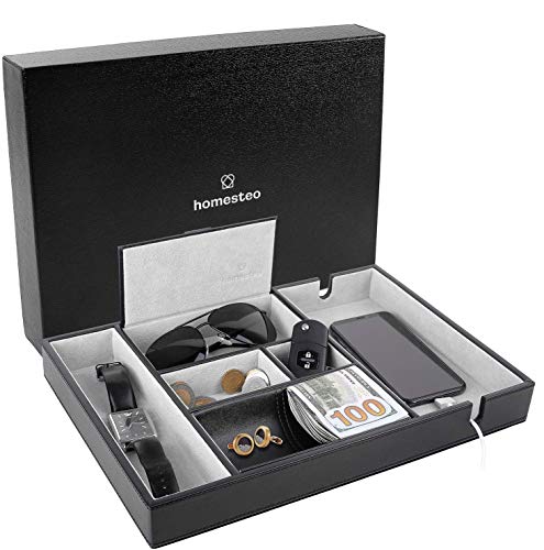 Homesteo Valet Tray | 6 Compartments | Bedroom Organizer with Large Smartphone Charging Station | Perfect for Men and Women | Black PU Leather | Decorative Gift Box | Money Clip & Glasses Case | Gray