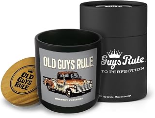 Old Guys Rule 100% Handmade Non-toxic Soy Wax Candle, Woodsy Masculine Scent, 75hr Burn, Soot Free, Cotton Wick, 10 oz - Fun Gift for Dad, Grandpa, Husband (OGR Rusty Truck, Woodfire)