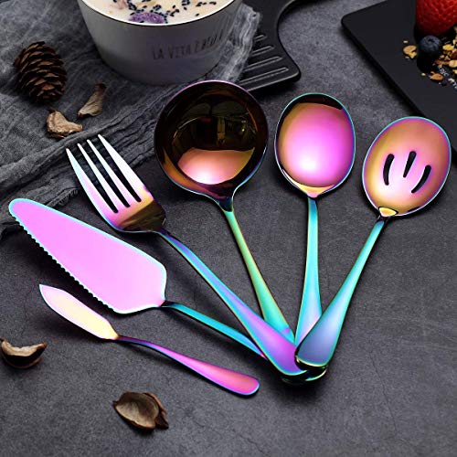 Rainbow Serveerlepels Set 6 Stuks, Serveergerei Set Inclusief Taartschep Sleuf Lepel Serveerlepel Serveervork Pollepel Botermes Spreader Serveerset Vaatwasmachinebestendig - Afbeelding 4