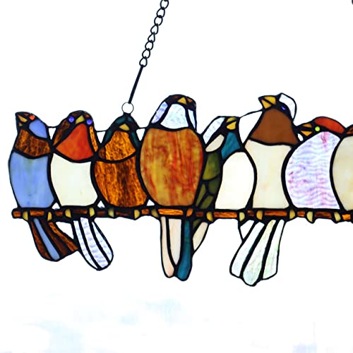 Bieye W10002 Tropical Birds Tiffany Style Stained Glass Window Panel Hangings With Chain, 19" W X 11.4" H #TOP3