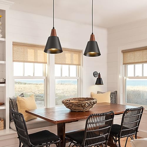 Luces colgantes para isla de cocina industriales negras con cúpula de madera techo 2 pack 4