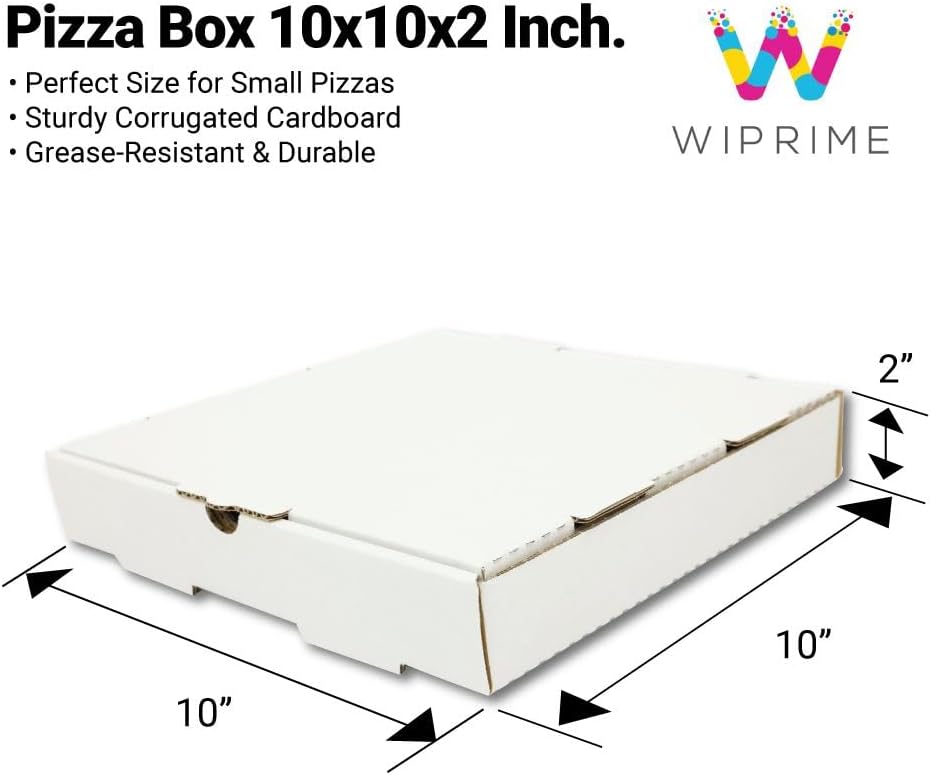 Professional Pizza Boxes, 10x10x2 Inches, Bulk Pack of 50, Single Wall Corrugated with Ventilated Base