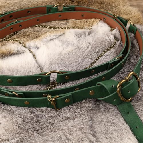 Image of HiiFeuer Medieval DIY Faux Leather Metal Chain Belt, Vintage Adjustable Thin Belt For Women, Retro Skinny Belt For Dresses (Green A)
