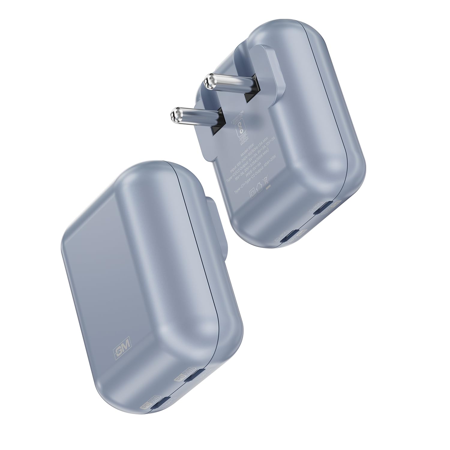 GM G+ 65W Spyder GaN Charger | Foldable Indian Pin | Travel Friendly | Compact Dual-Type-C Port | Fast Charging for iPhone, Samsung, Laptop, MacBook Air, MacBook M4 | 1 Year Warrant | Light Blue-image-2