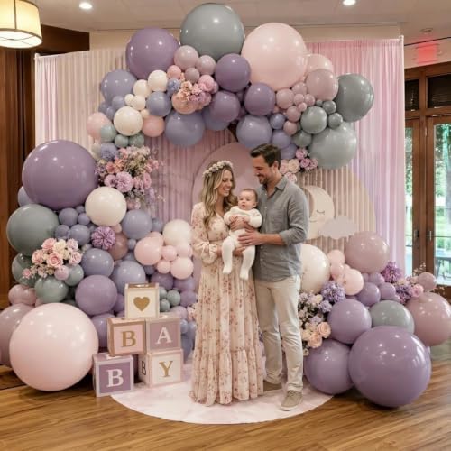 Image of Dusty Pink Purple Balloon Arch Double Stuffed Light Blush Lavender Balloon | Lilac White Ivory Gray Balloon Garland for Fairy Baby Shower Birthday Bloom Bridal Shower Butterfly Mermaid Party Decorations