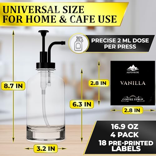Image of Set of 4 Glass Coffee Syrup Dispenser with Pump 16.9oz 500 ml - 18 Marked Labels - Leak-Proof Glass Syrup Bottles for Coffee Bar, Espresso Station & Barista Setups | Parties & Event Ready (Black)