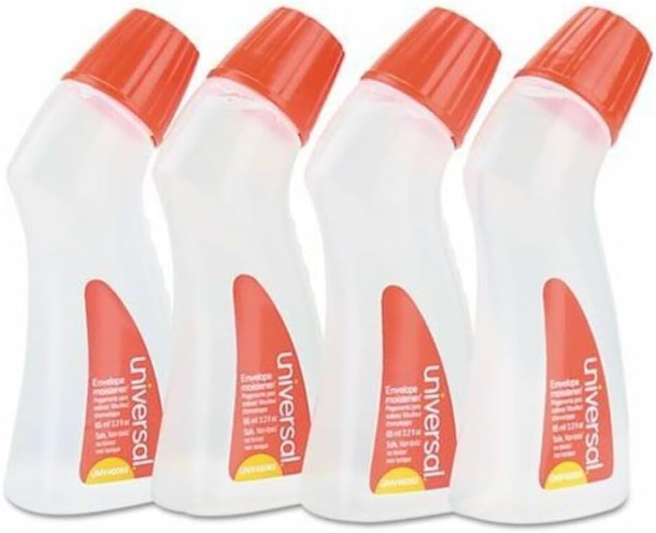 Universal 46065VP Envelope Moistener with Adhesive, 2.2 oz Bottle, Clear, 4/Pack
