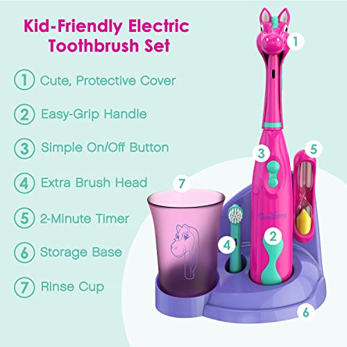Brusheez® Kids’ Electric Toothbrush Set - Safe & Effective for Ages 3+ - Parent Tested & Approved with Gentle Bristles, 2 Brush Heads, Rinse Cup, 2-Minute Timer, & Storage Base (Prancy The Pony)