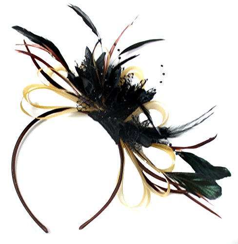 Hair Fascinator serre-tête mariage chic plumes et filet noir or