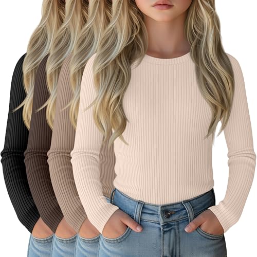 Image of 4 Pack Girls Long Sleeve Shirts Ribbed Knit Cotton Crewneck Tops Slim Fit Soft Casual Kids Base Layer Undershirts