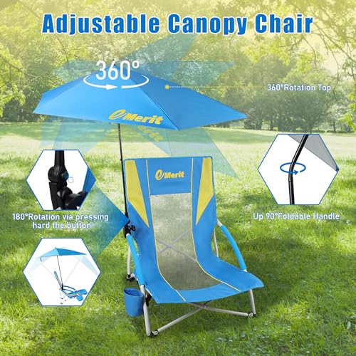 Image of EMERIT Beach Chair with 360 Adjustable UPF 50+ Umbrella, 300 lbs Heavy Duty Capacity Low Profile Sand Chair, 7 lbs Lightweight Backpack Folding Chair for Soccer Sidelines, Concerts & Camping