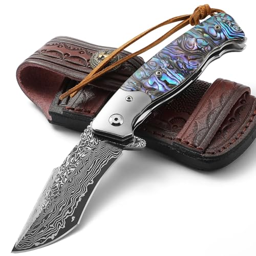 DRACHENADER Couteau Pliant Damas, Grand Couteau de Poche en Acier Damas, Manche en Coquille d’Ormeau, Étui en Cuir Véritable, Idéal comme Cadeau