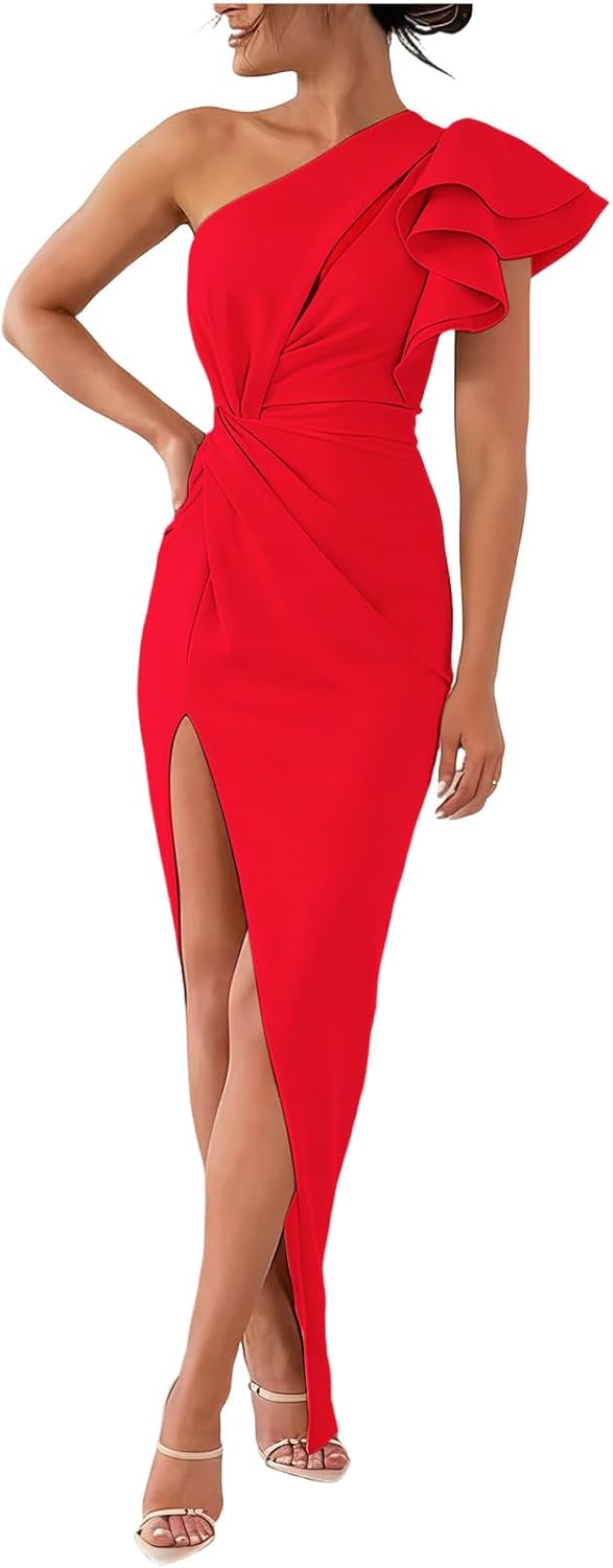 Women's Elegant Dress Sexy Ruffle One Shoulder Bodycon Cocktail Side Slit Midi Dresses Party Solid Color Clothes