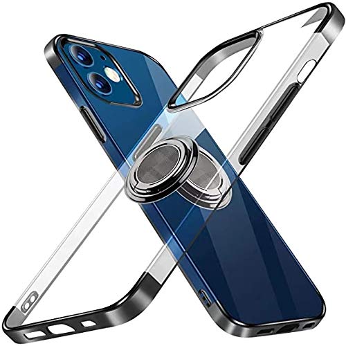 Smoony iPhone12 mini 用 ケース / iPhone13 mini 用 ケース リング付き 透明 柔軟性TPU クリア メッキ加工 スタンド機能回転リング 薄型 軽量 ソフト 耐衝撃カバー スマホケース 車載ホルダー対応 ストラップホール 取り出し易い 黄変防止 落下防止 携帯カバー アイフォン13ミニケース 5.4インチ