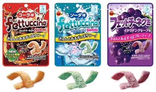 Konbini Japan - Fettuccine Japanese Gummy Candy Sweets Snack - Cola, Soda, and Italian Grape Flavors (Pack of 3)