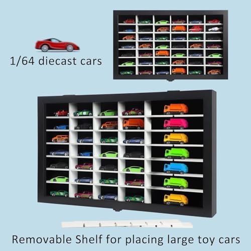 Image of Diecast Model Car Display Case 1 /64 Scale Toy Cars Organizer Storage Cabinet Wall Mount with Acrylic Glass Door & Removable Shelf - Holds Up to 42 Cars, Large-Black