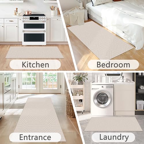 Capslpad Teppich Läufer Flur 80x150cm Beige Modern Waschbar Küchenläufer Teppich 3D Geometrie Hoch Tief Effekt rutschfest Teppiche für Wohnzimmer Schlafzimmer Eingang
