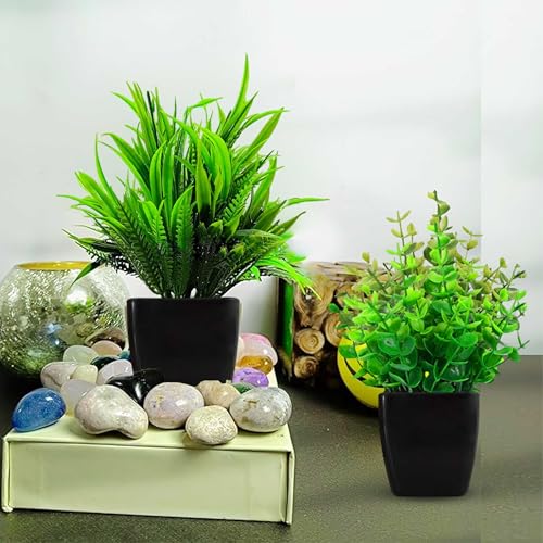 Image of Artificial Potted Plant (Pack of 2) Eucalyptus Potted Faux Decorative Plastic Plant for Home Office Living Room Bedroom Desk Indoor and Outdoor Decoration | Compact Black Pot