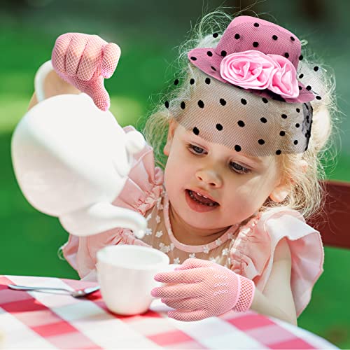 Chunyin Tea Party Hats For Little Girls Mini Hat Hair Clip Fascinator Veil Mesh Hat Tea Party Supplies With Gloves Elegant Lace Gloves For Girls Kids Children 5.3'' Diam #TOP3