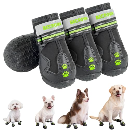 Becrowm wasserdichte Hundefüße - rutschfeste Hundeschuhe mit Pfotenstickerei & Reflektorenriemen, für Regen-/Schnee-/Schlammtage, Outdoor-Spaziergänge (Schwarz, #6 (Breite 7cm) für 25-30kg)