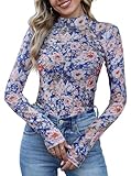 UNCOOYEE Women Dressy Casual Mock Turtleneck Floral Mesh Long Sleeve Going Out Thong Bodysuits Tops Fall Fashion 2025 Floral Blue Small