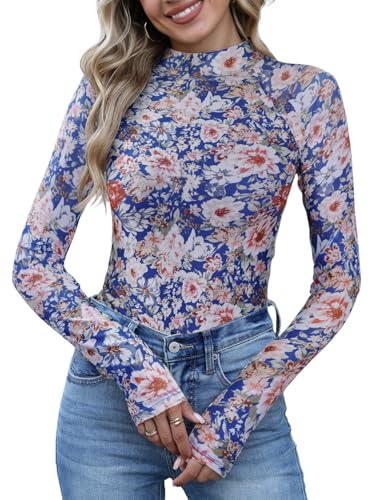 UNCOOYEE Women Dressy Casual Mock Turtleneck Floral Mesh Long Sleeve Going Out Thong Bodysuits Tops Fall Fashion 2025 Floral Blue Small
