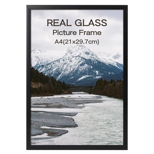 kollyseek Picture Frame DIN A4 (21x30 cm) Photo Frame with Real Glass Modern Display Tempered Glass Plastic Poster Frames for Photo Wall (Black)