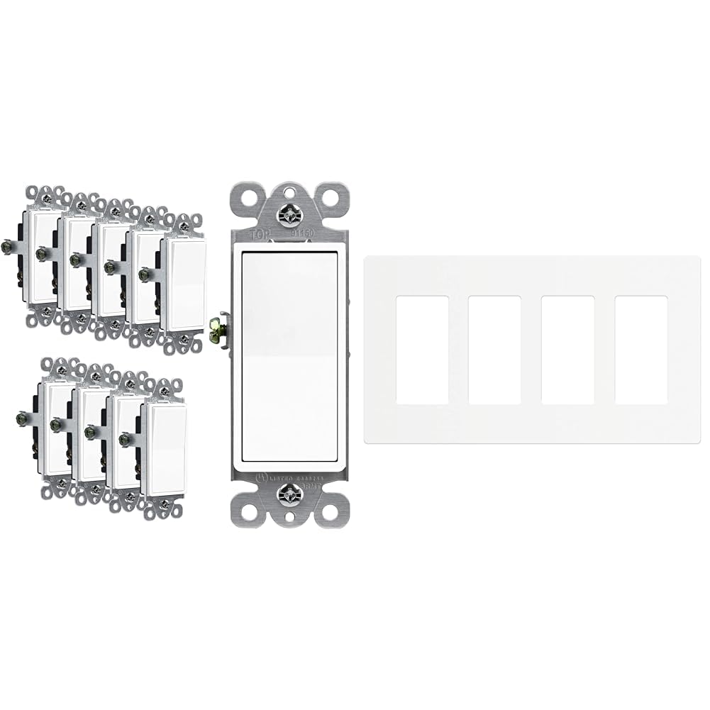 ENERLITES 10-Pack 15A 120V/277V Paddle Rocker Light Switches and 4-Gang 8.3" Screwless Wall Plate Covers, White