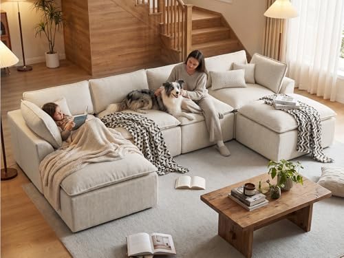 Image of COSIEST139'' Boneless Sectional Couch, Modular Sectional Sofa with Ottoman, 6 Seater U Shaped Cloud Couch for Living Room, Beige