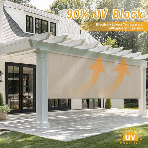 sunoff Outdoor Roller Shades for Porch, Cordless Patio Roller Up Blinds with Shade Cloth for Gazebo Pergola Balcony Backyard, 2 Poles & 1 Fabric, Sesame, 72" Wx96 H by sunoff - Used condition - Image 3