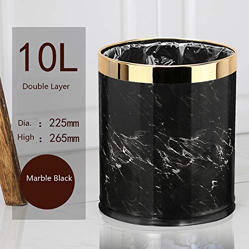 Luxury Metal Waste Bin With Leather Cover,Open Top Office Wastebasket,Double Layer Trash Can,Round Shaped (Black Marble W/ Gold Ring) #TOP1