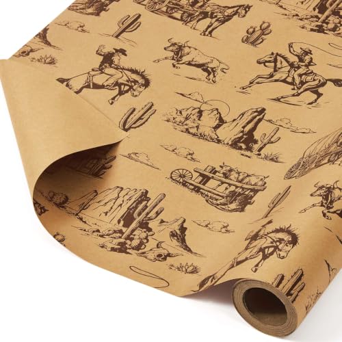 WERNNSAI Western Cowboy Wrapping Paper, 16.4 ft Kraft Retro Wild West Town