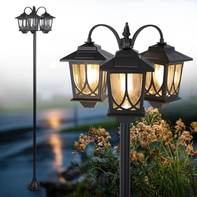 3-Head Solar Lamp Post Light, 73 Solar Lights Outdoor Waterproof, 60Lm 3000K Pathway Lights for Garden, Lawn, Yard