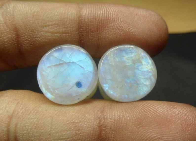 Natural Rainbow Moon Stone, Tunnels White Fire Plugs Ear Gauge & Plugs Earrings Convex & Concave