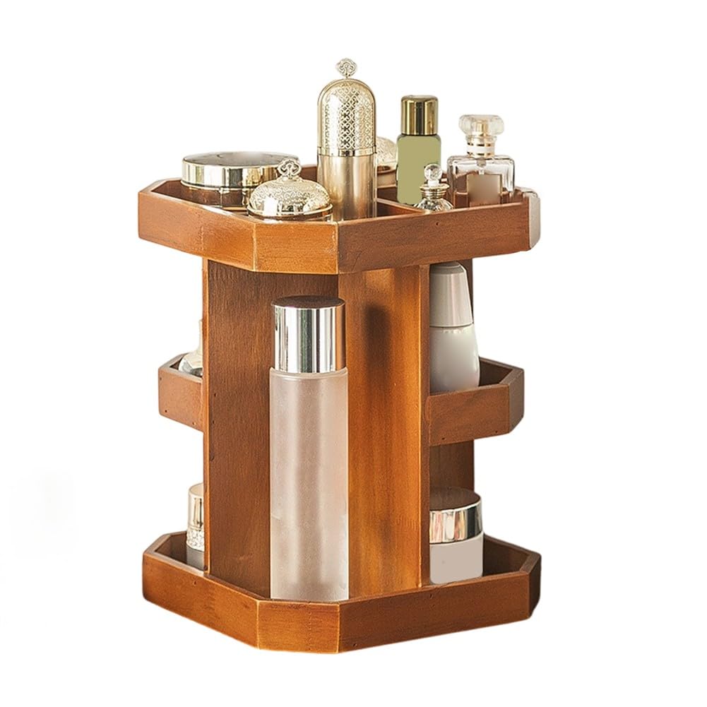 Organizador de perfume giratorio de 3 niveles para hombre, colonia de madera y soporte para reloj con 9 compartimentos para tocador o baño, color marrón