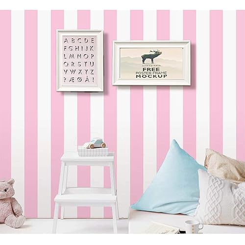 Self Adhesive Vinyl Pink and White Stripe Peel and Stick Wallpaper Shelf Liner for Walls Nursery Girls Bedroom Cabinets Dresser Drawer Furniture Decal Removable Waterproof 17.7x117 Inches