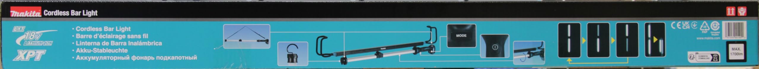 Makita DML818 LED-Akku-Stableuchte 14,4V-18V (ohne Akku & Ladegerät), max. 1700 Lumen, 3 Beleuchtungsmodi, teleskopier- und klappbar