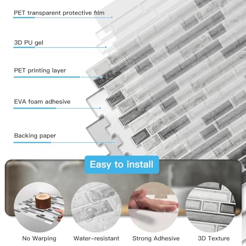 Art3d Linear Tile Peel and Stick Backsplash, 10-Sheet, Multi-Tone Gray by Art3d - Used condition - Image 7