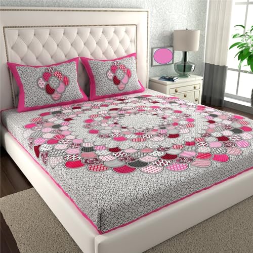 Image of KOUNDAL Rajasthani Jaipuri Sanganeri Printed 144 TC 100% Cotton Bed Sheet Set for Double Bed,Floral Print, Double Bedsheet Cotton with 2 Pillow Covers (Pink, King)