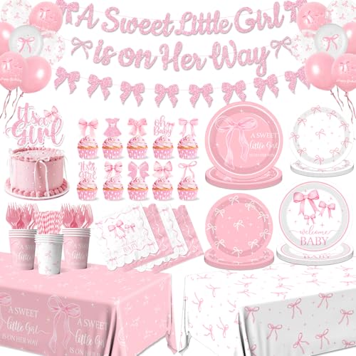 Pink Bow Baby Shower Decorations for Girl Pink Bow Birthday Party Supplies Include Bow Plate Napkin Banner Cake Topper Balloons Welcome Baby Girl Decorations for Coquette Bow Party Serves 25