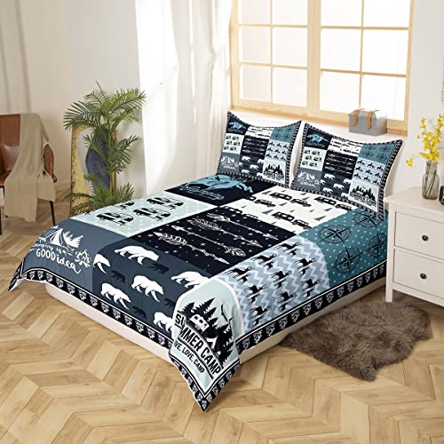 Camping Camper Duvet Cover Set Full,Classic Lattice Bedding Set 3Pcs For Kids Teens Adults Room Decor,Bear Deer Wild Animal Comforter Cover Rustic Farmhouse Blue Quilt Cover With 2 Pillowcases #TOP2