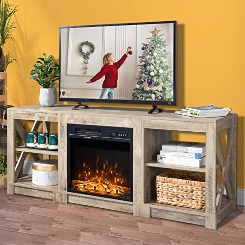 VINGLI TV Stand for 65 inch TV, Electric Fireplace TV Stand for The Living Room, Entertainment Center with 1500W Fireplace & Remote, X-Design, Oak Gray
