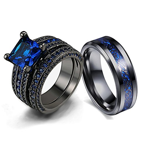 loversring Couple Ring Bridal Set His Hers Black Gold Plated Blue CZ Stainless Steel Wedding Ring Band