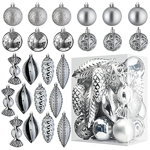 Prextex 24 Boules de Noël Argentées pour Les Décorations de Noël - Boules de Noël Incassables avec Fil de Suspension pour la Décoration des Fêtes - Boules de Noël Argent (Combo de 8 Boules et Formes) Cover