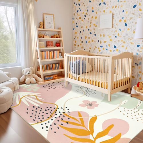 Image of Capslpad Area Rugs 6x9, Washable Nursery Rug, Low Pile Soft Non-Shedding Playroom Carpet, Botanical Print Pink Rugs for Bedroom, Classroom, Living Room
